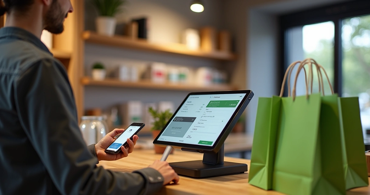 Pessoa pagando por aproximação com cartão em loja compre online e retire, caixa do lado e produtos expostos 