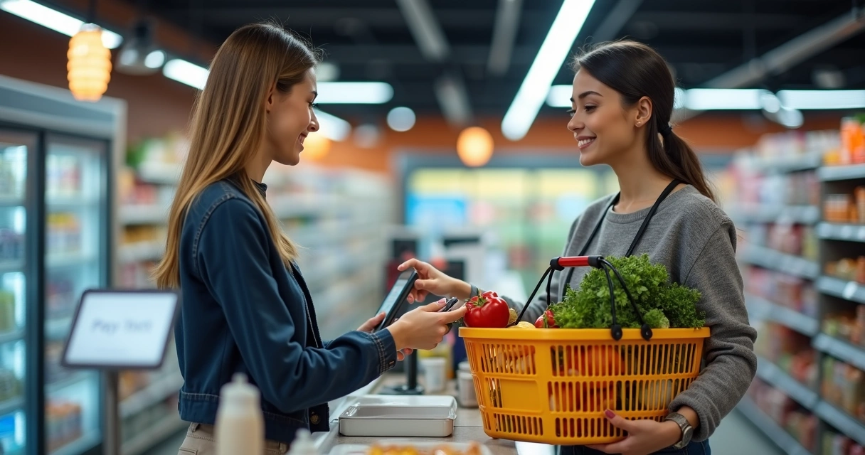 Pessoa usando cartão contactless para pagar compras no mercado 
