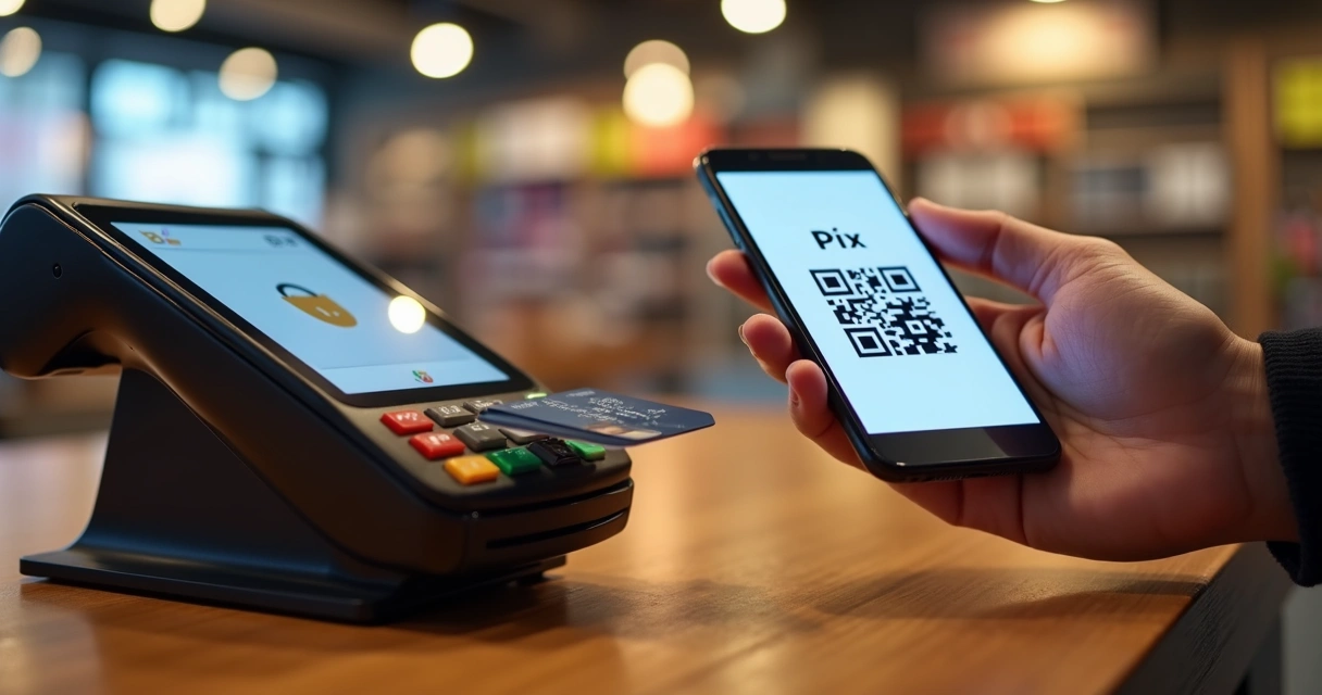 Pessoa usando pagamento por aproximação com o cartão e Pix em loja 