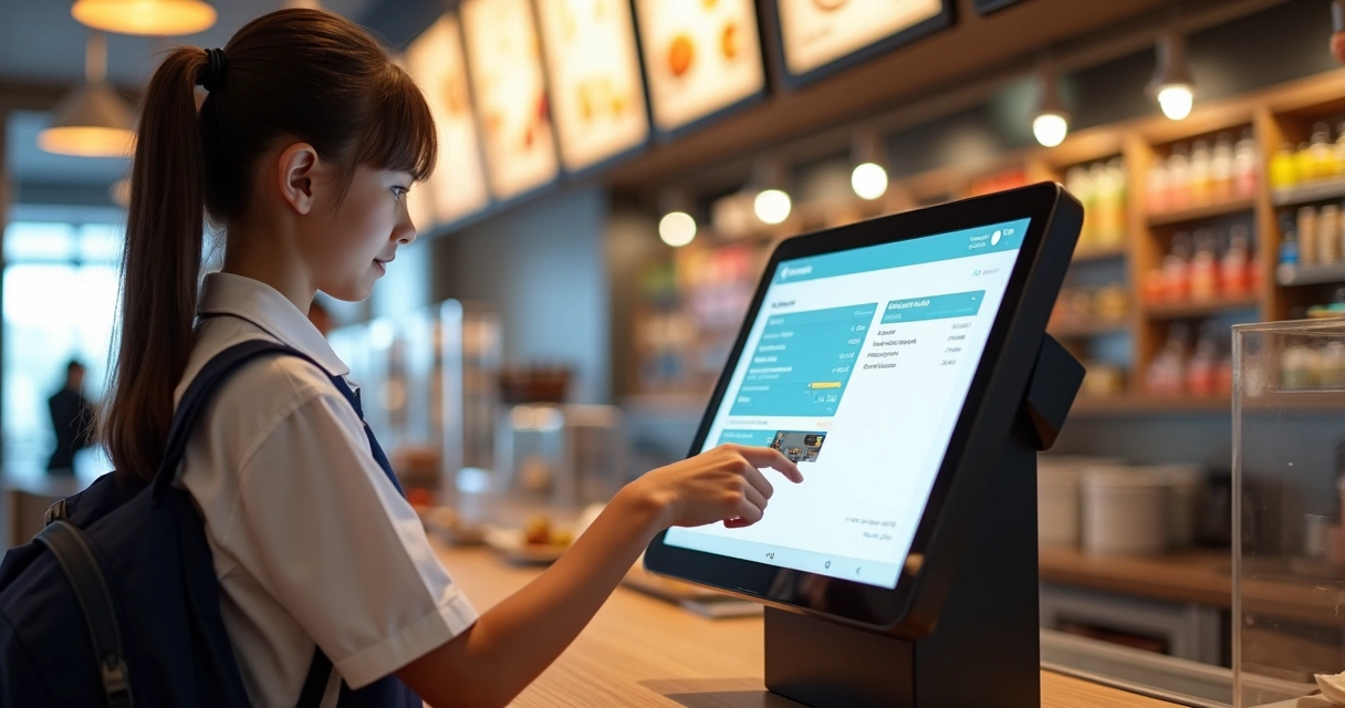 Aluno usando cartão em terminal de pagamento em cantina 