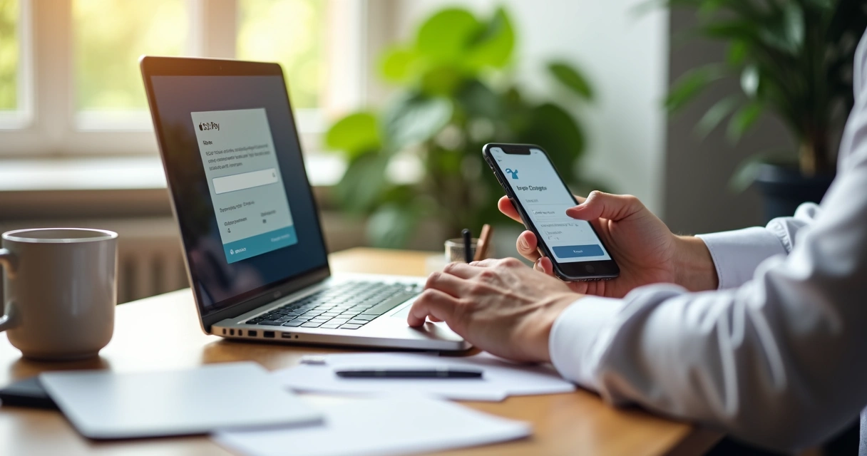 Autônomo usando notebook e smartphone enviando link de pagamento com Apple Pay 