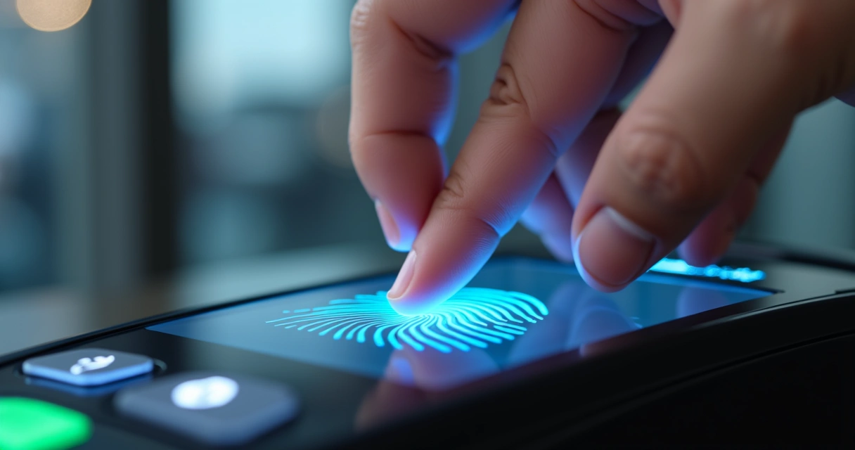 Mão posicionada com dedo indicador em sensor biométrico digital para pagamento eletrônico 