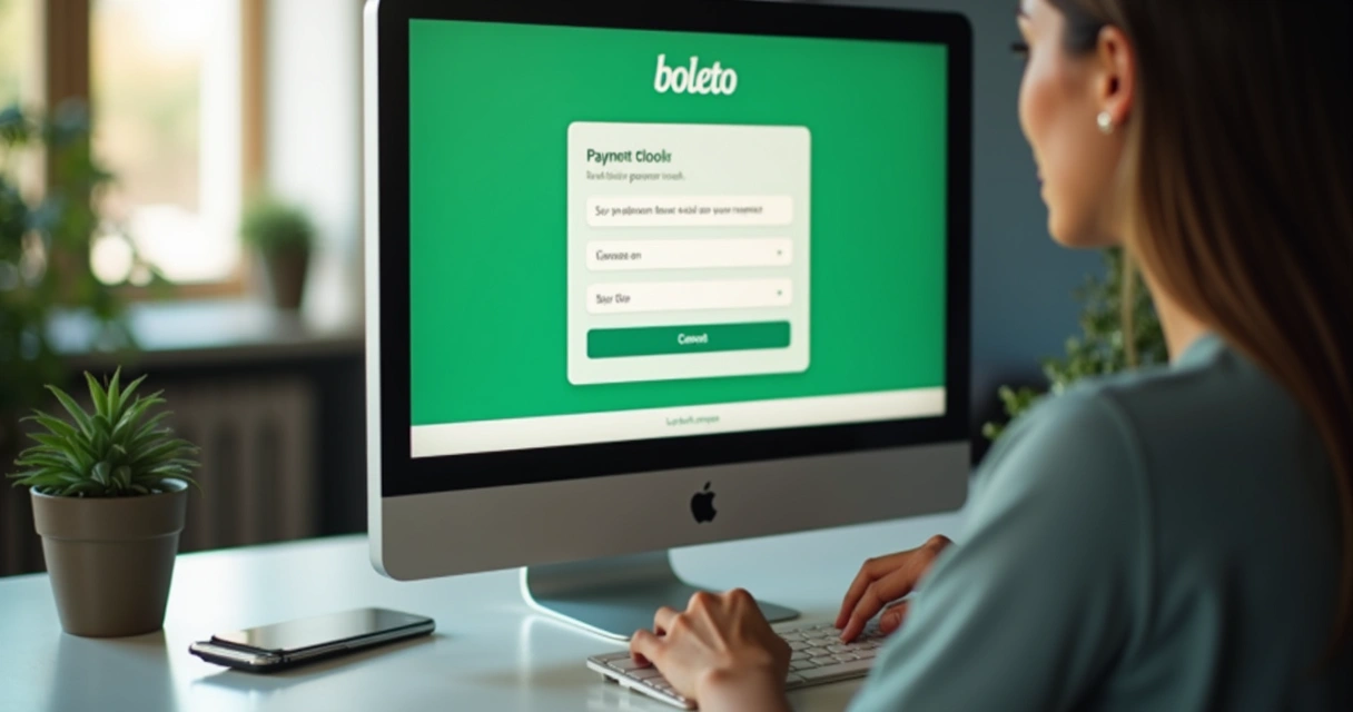 Tela de computador exibindo pagamento via boleto, mãos femininas digitando, ambiente de trabalho digital moderno