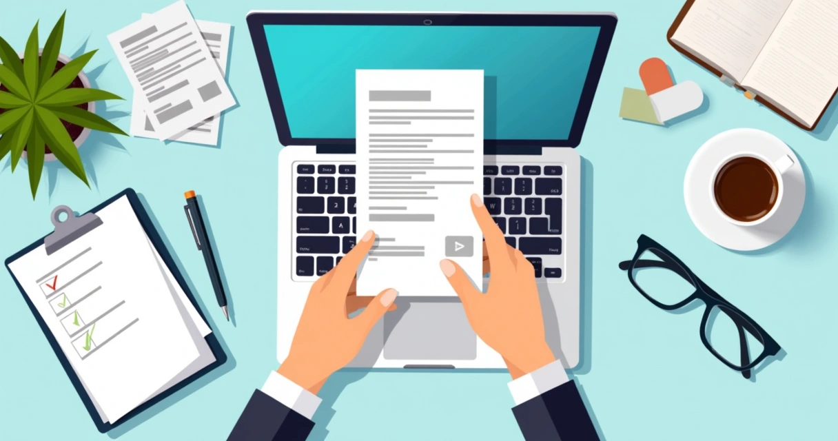 Pessoa segurando boleto bancário diante de notebook em ambiente de trabalho 