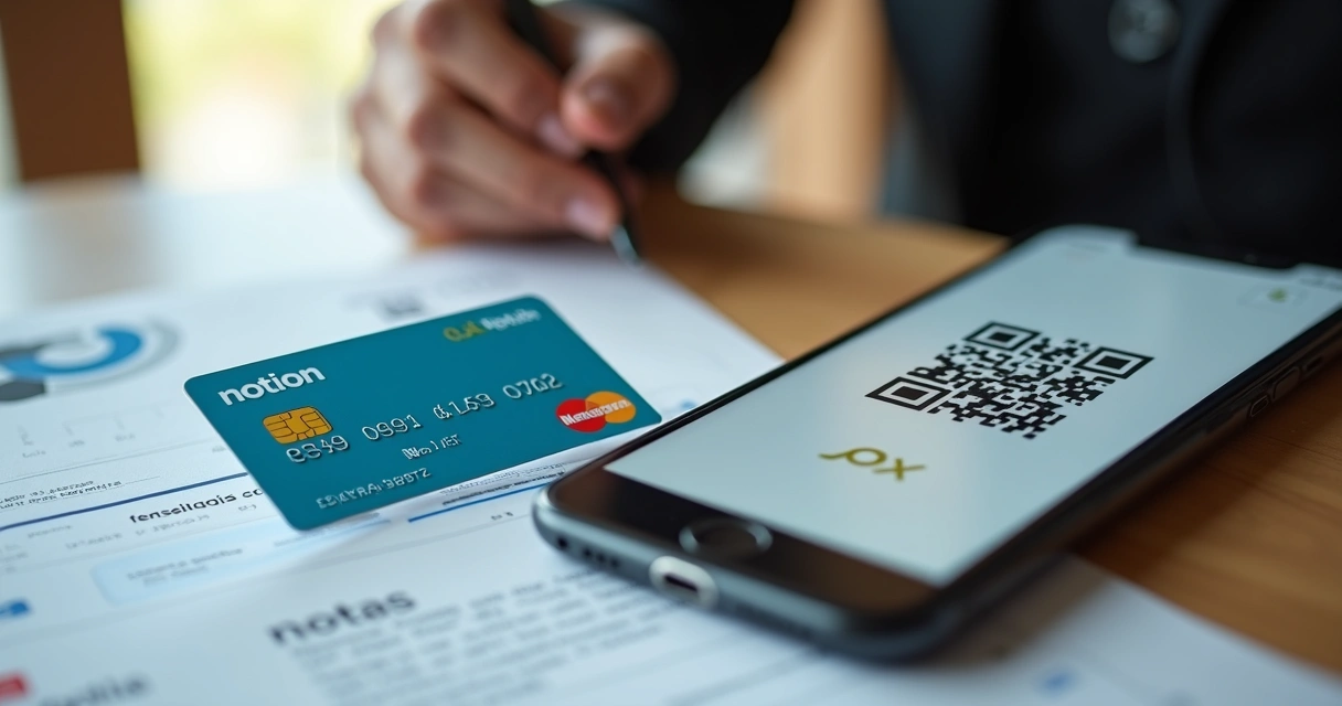 Cartão, boleto e tela de celular com QR Code Pix 