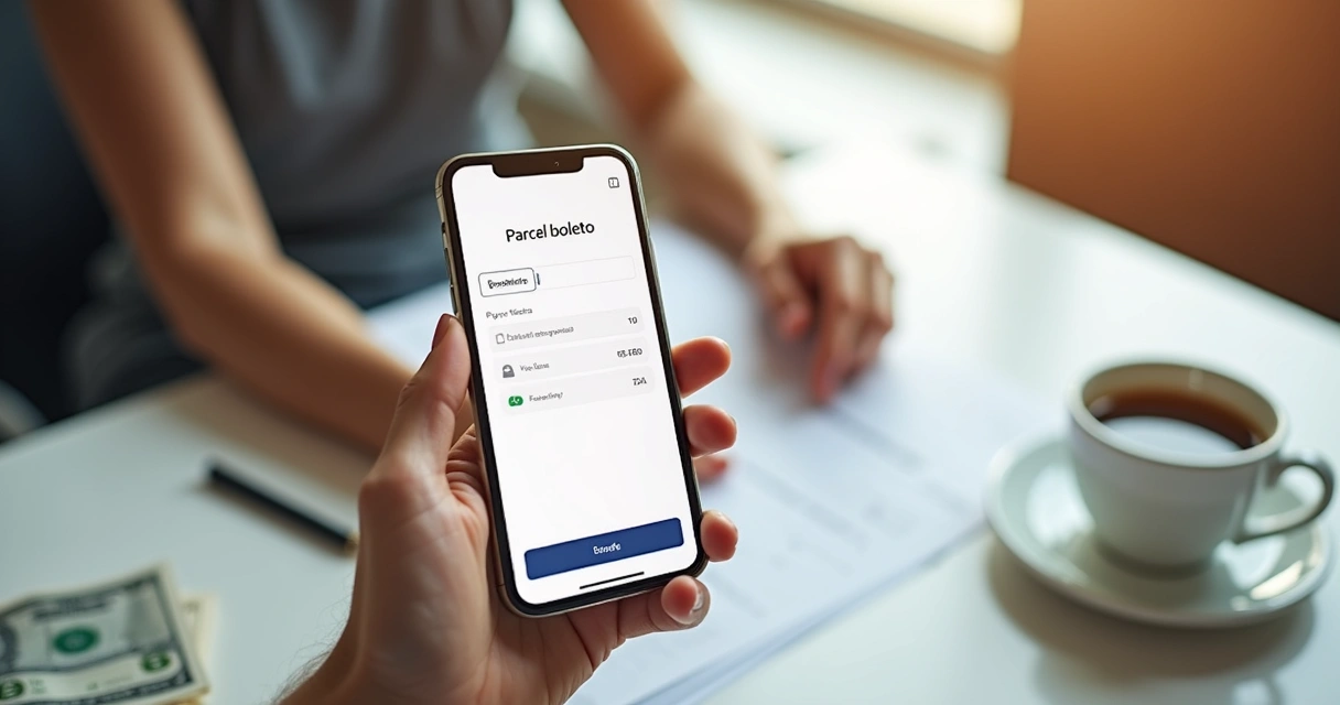 Pessoa usando app no celular para parcelar boleto 