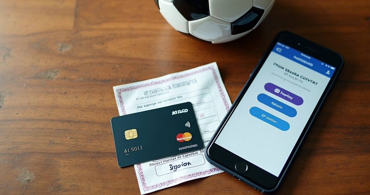 Cartão de crédito, boleto bancário e bola de futebol juntos sobre uma mesa