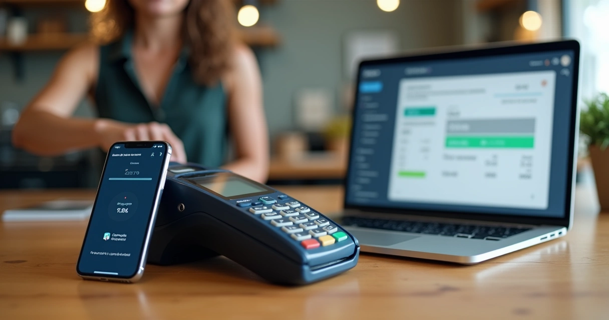 Empresária conferindo recebimento instantâneo de venda no cartão de crédito pelo notebook e maquininha 