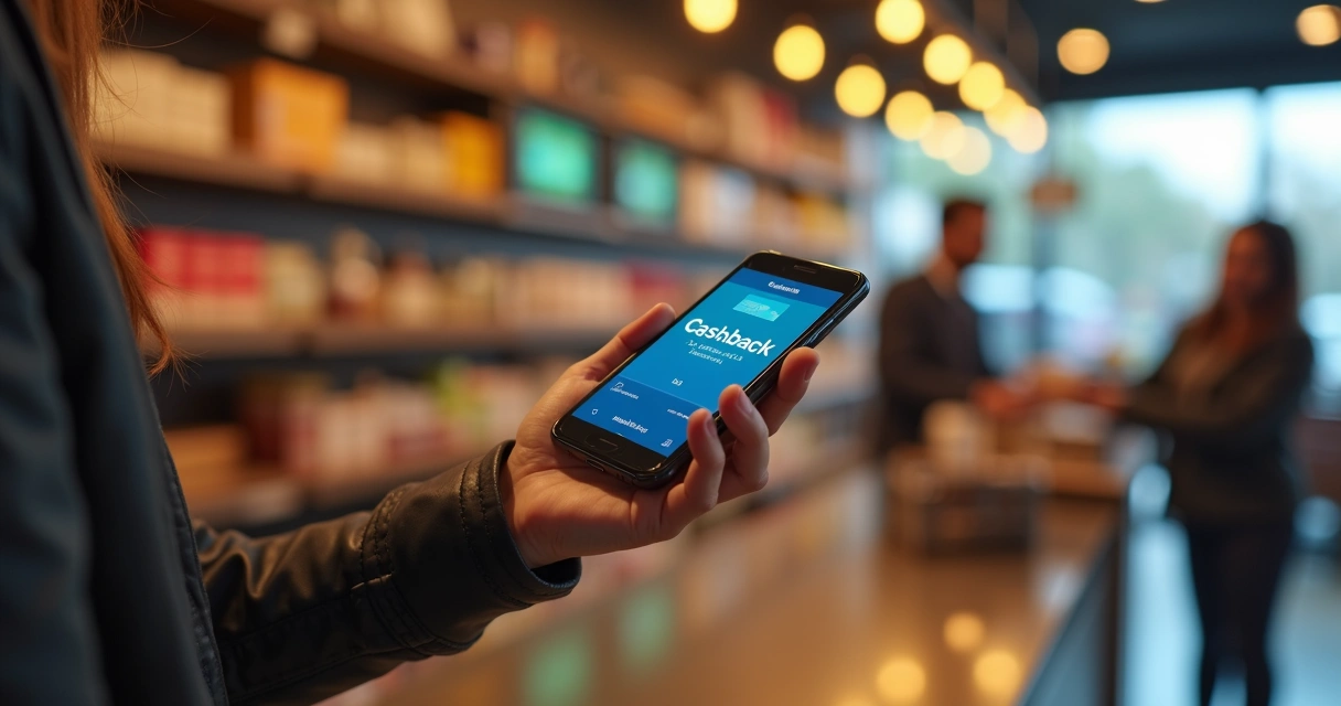 Pessoa pagando com celular em uma loja, mostrando cashback na tela do smartphone 