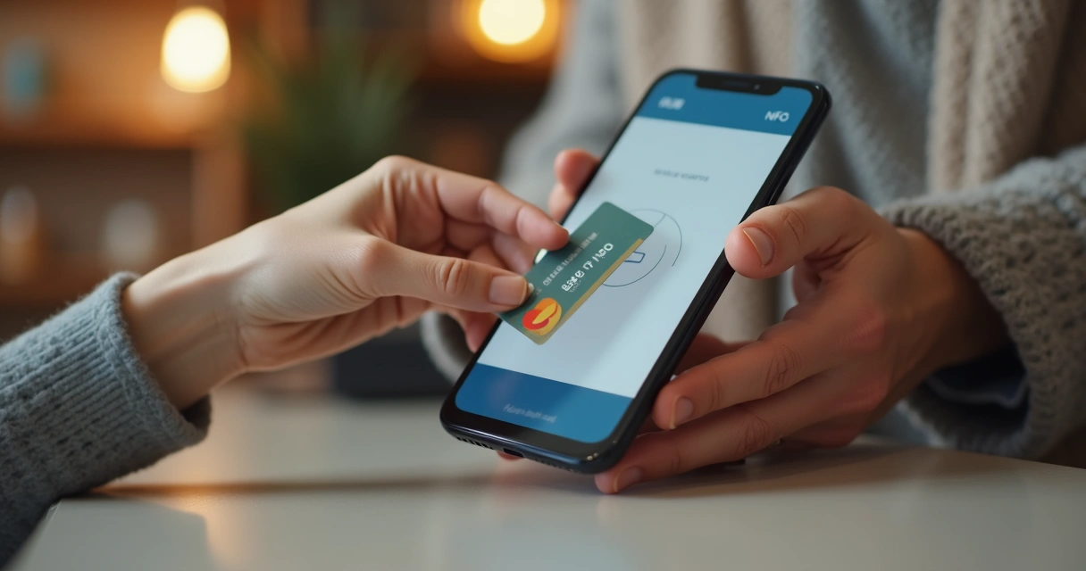Pessoa aproximando cartão do smartphone de um comerciante em um ambiente de loja 