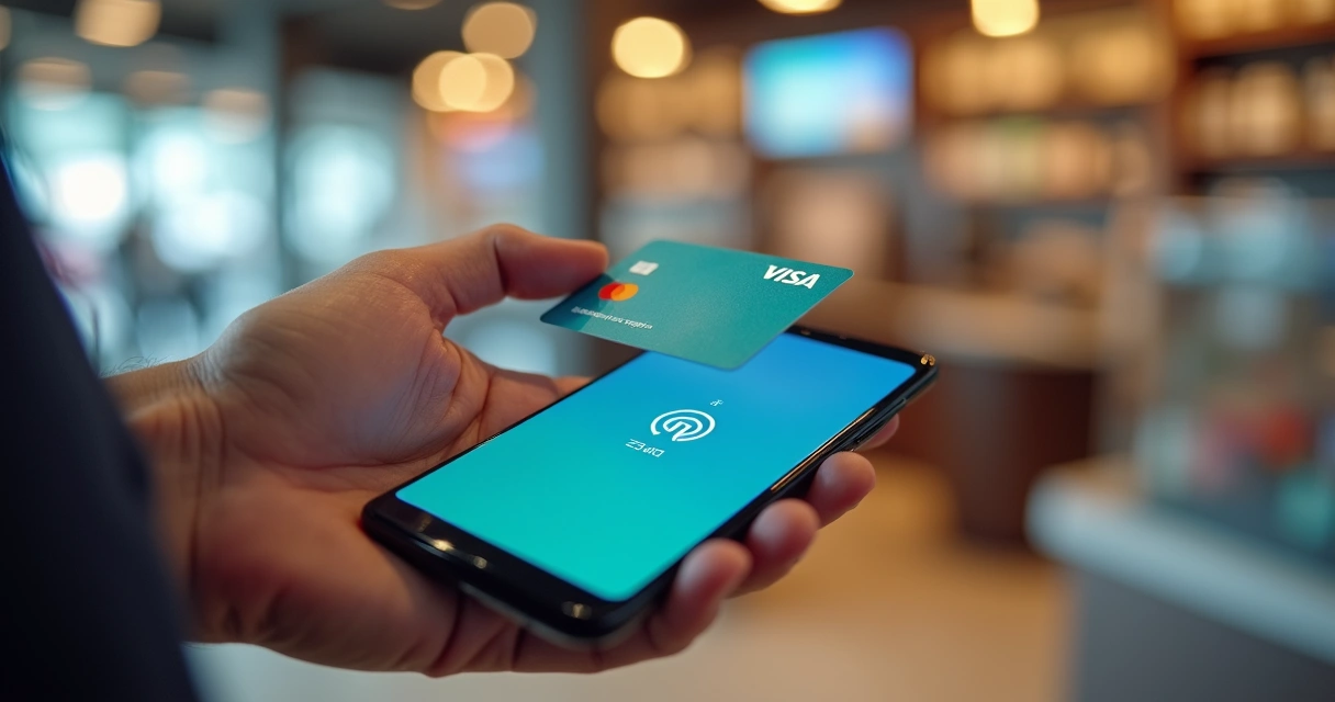 Pessoa segura smartphone pronto para pagamento contactless 