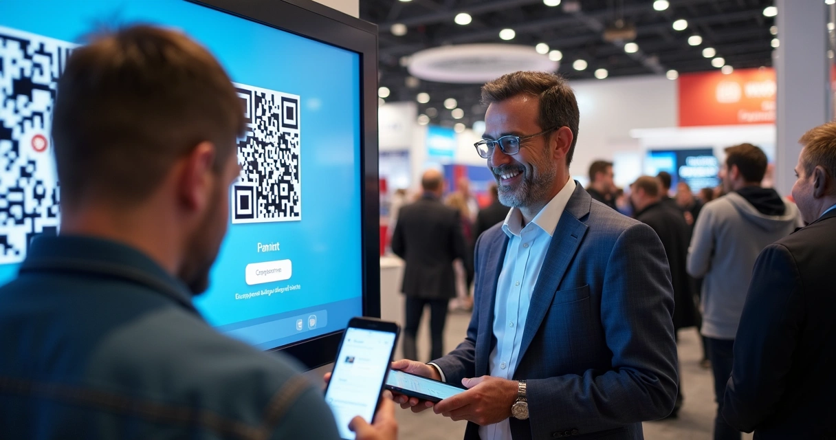 Pessoa usando QR code em smartphone para pagar e vendedor acompanhando a tela do terminal 