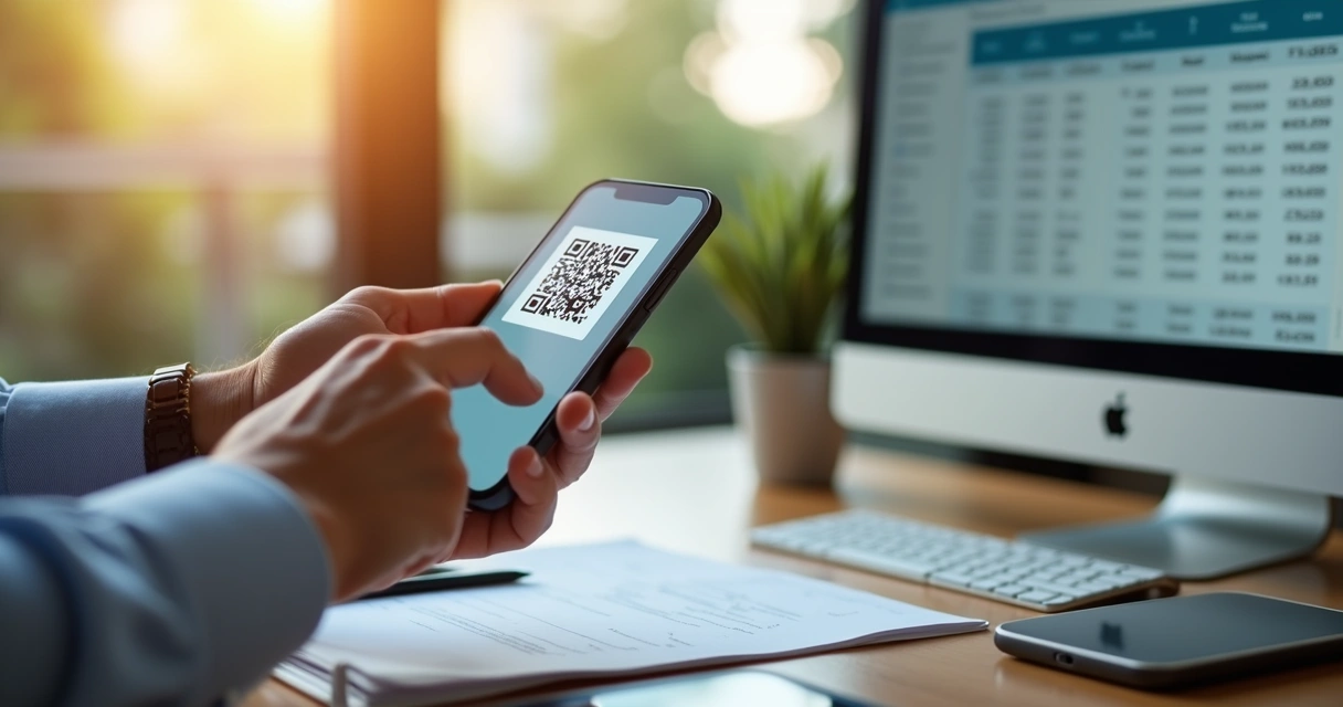 Pessoa usando celular para pagar um QR Code na tela de notebook