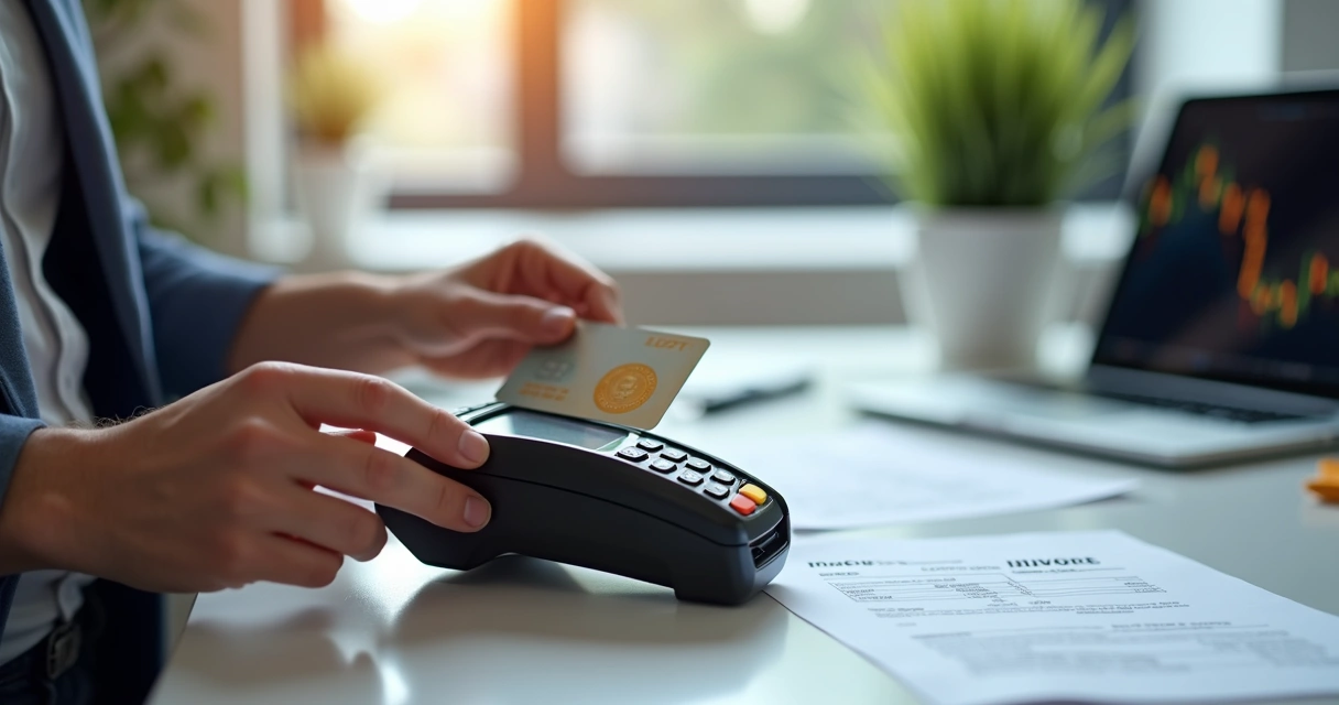 Pagamento de conta com cartão cripto pré-pago em ambiente de trabalho 