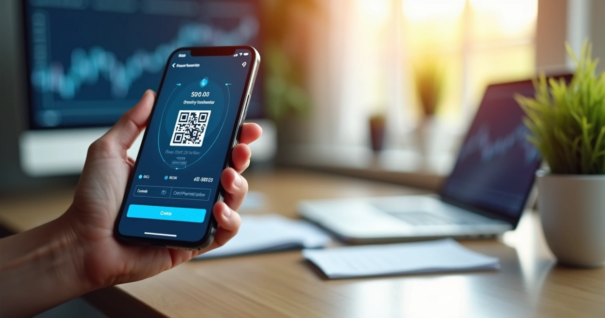 Pessoa utilizando celular para realizar pagamento de conta com criptomoeda em aplicativo financeiro moderno 