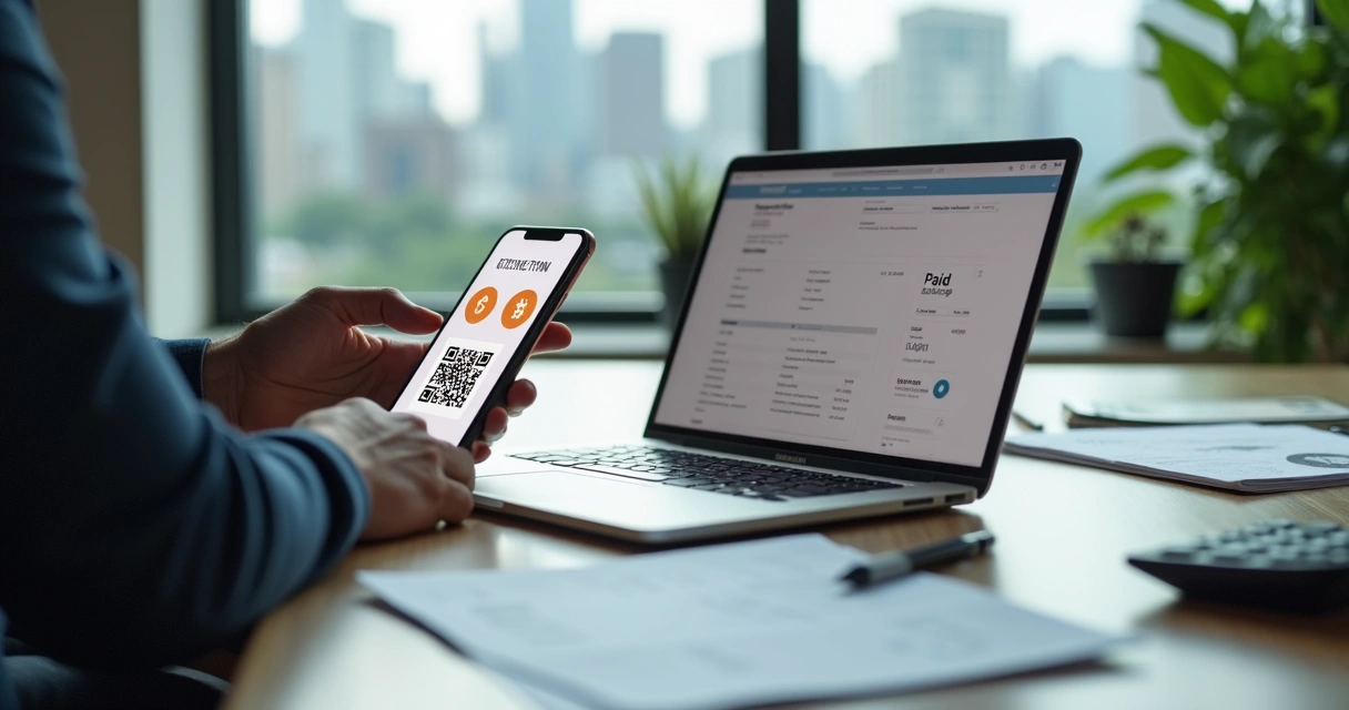 Pagamento de conta empresarial com celular e tela mostrando criptomoedas 