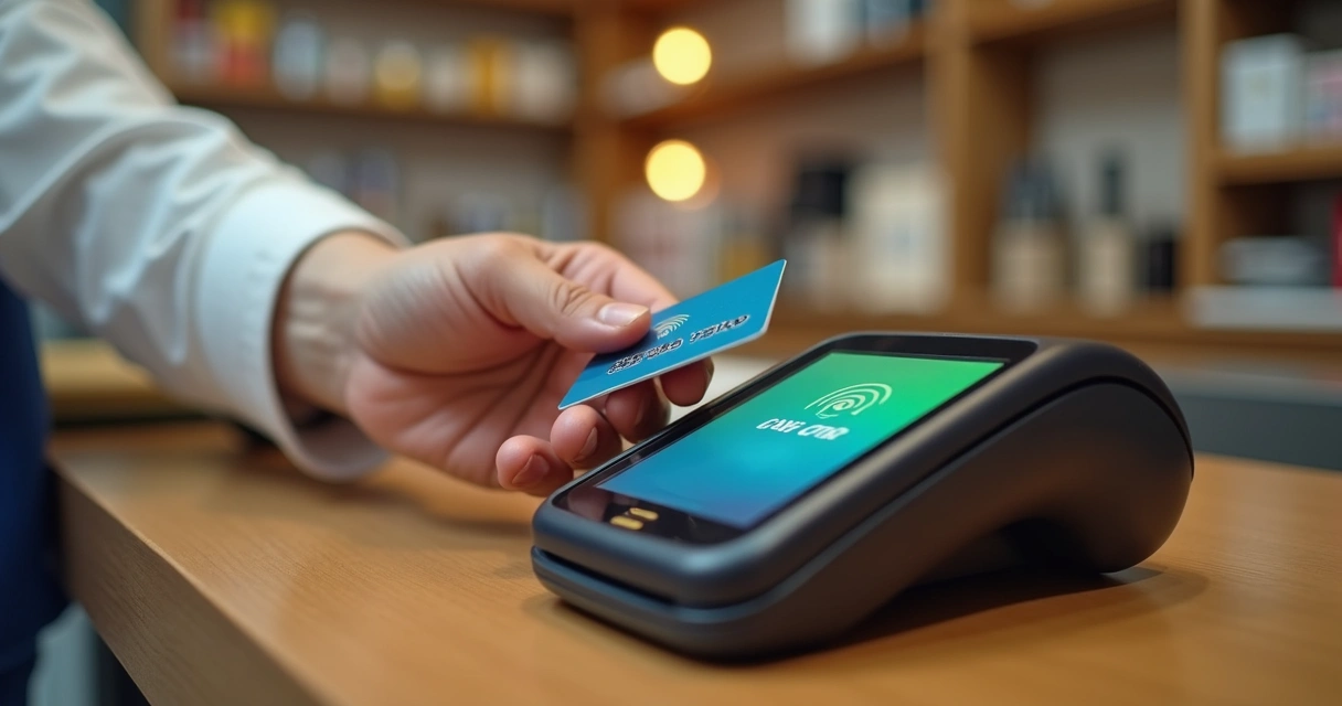 Cliente realizando pagamento contactless por aproximação em maquininha de cartão em loja 