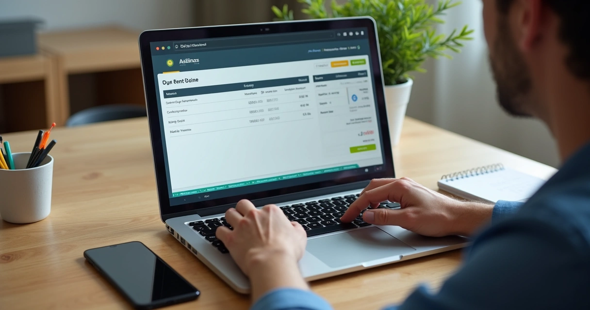 Pessoa usando notebook para pagar aluguel via boleto e Pix