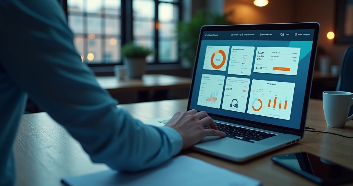 Executivo usando solução financeira em notebook, gráficos e celular ao lado 