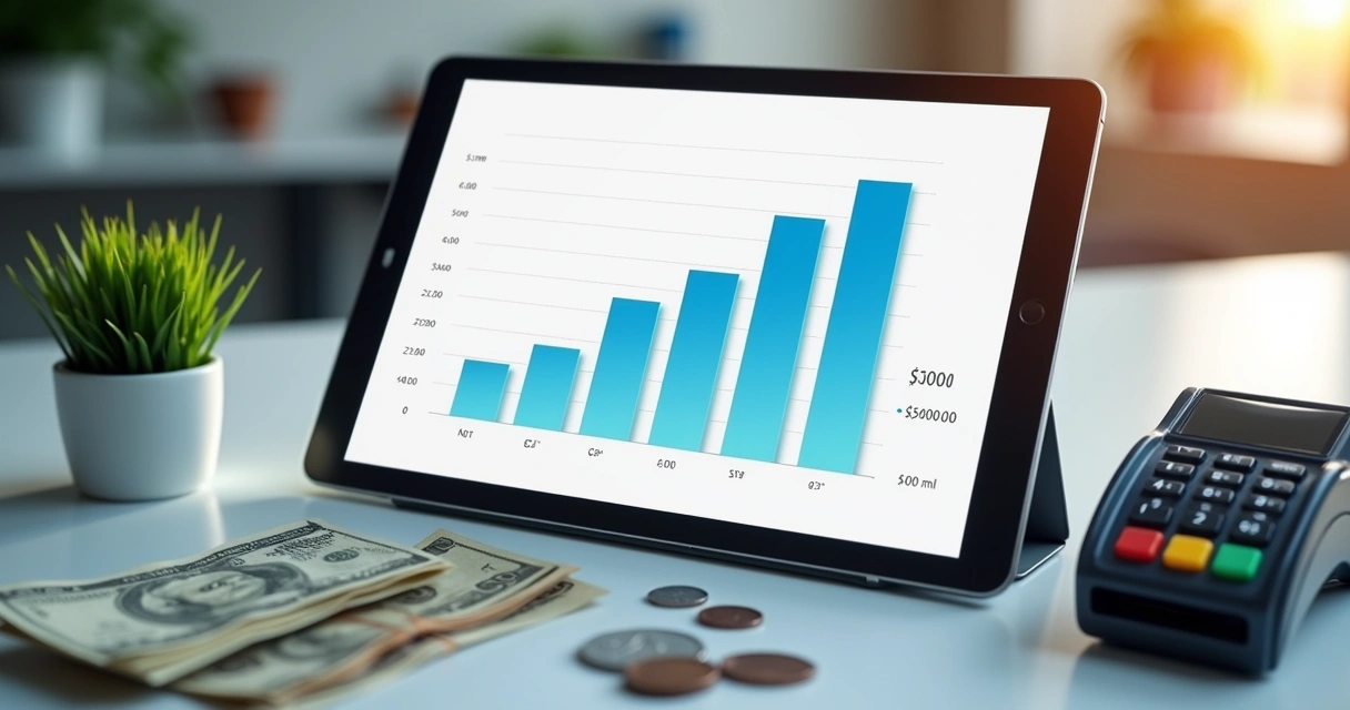 Gráfico de crescimento de pagamentos digitais sobre uma mesa de escritório