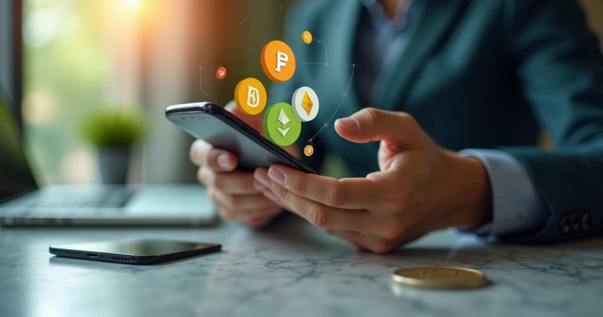 Homem fazendo um pagamento digital com smartphone e símbolo de cripto e Pix lado a lado 