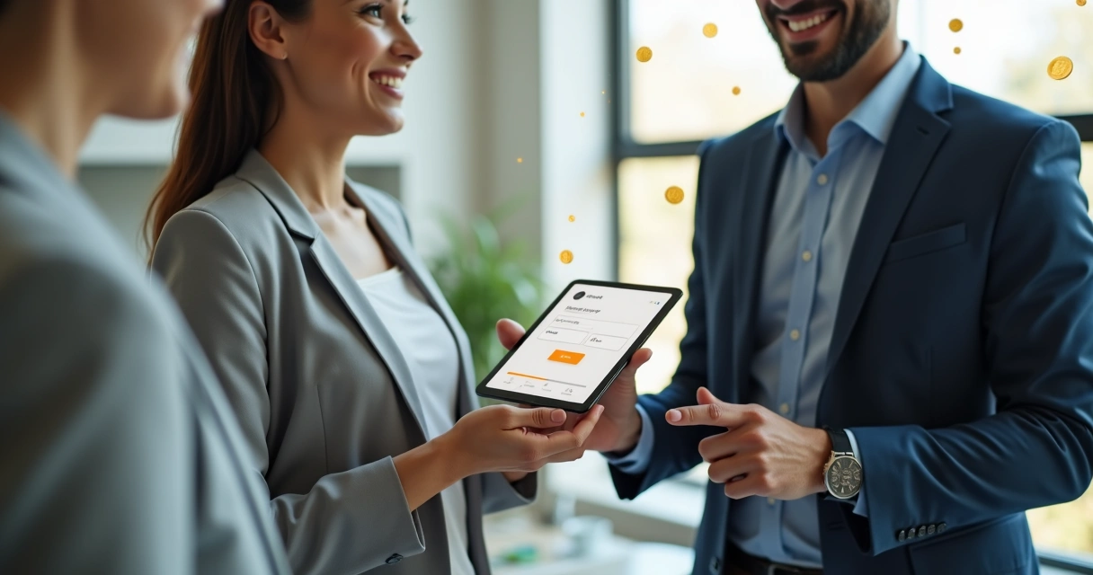 Empresário entregando tablet com comprovante de pagamento em criptomoeda para funcionária sorridente