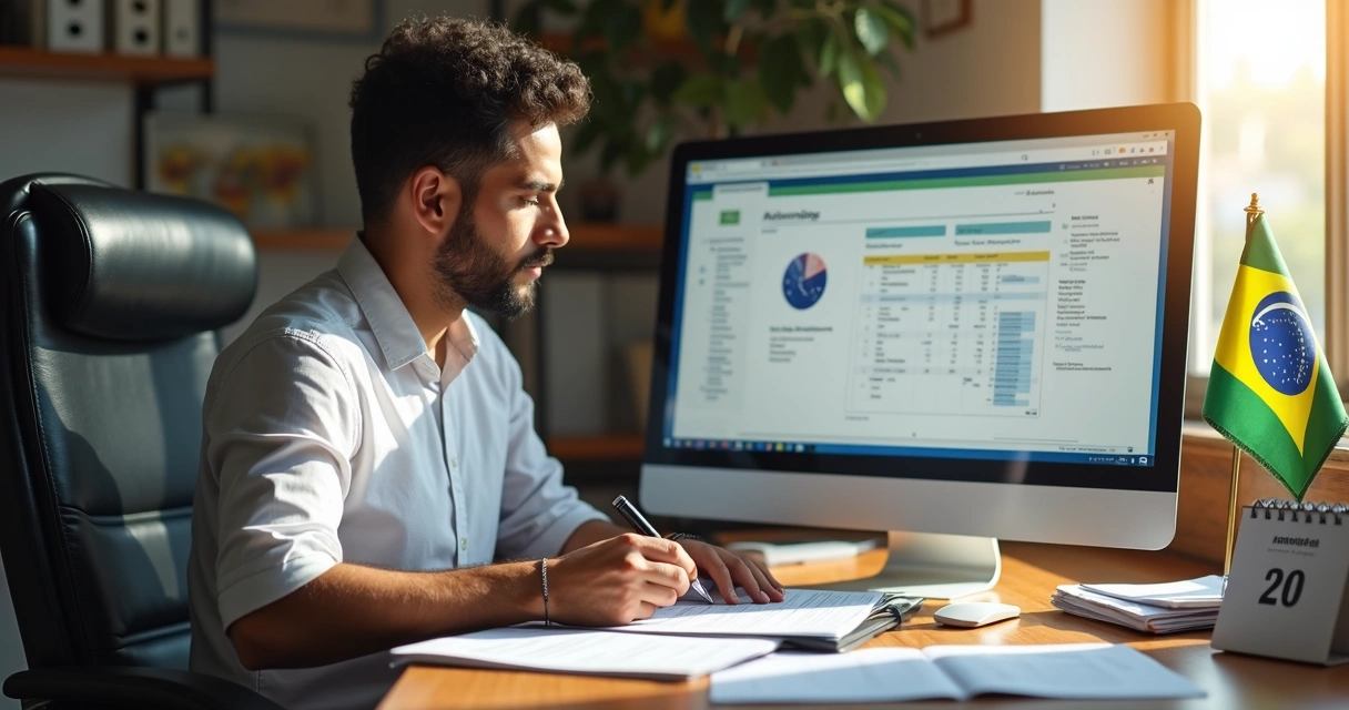 Empresário preenchendo guia do Simples Nacional em mesa de escritório 