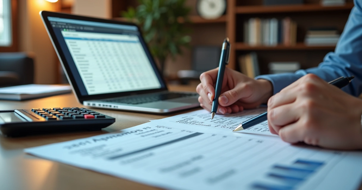 Mesa de escritório com calculadora, laptop aberto mostrando planilha financeira e documentos fiscais organizados para pagamento de imposto 