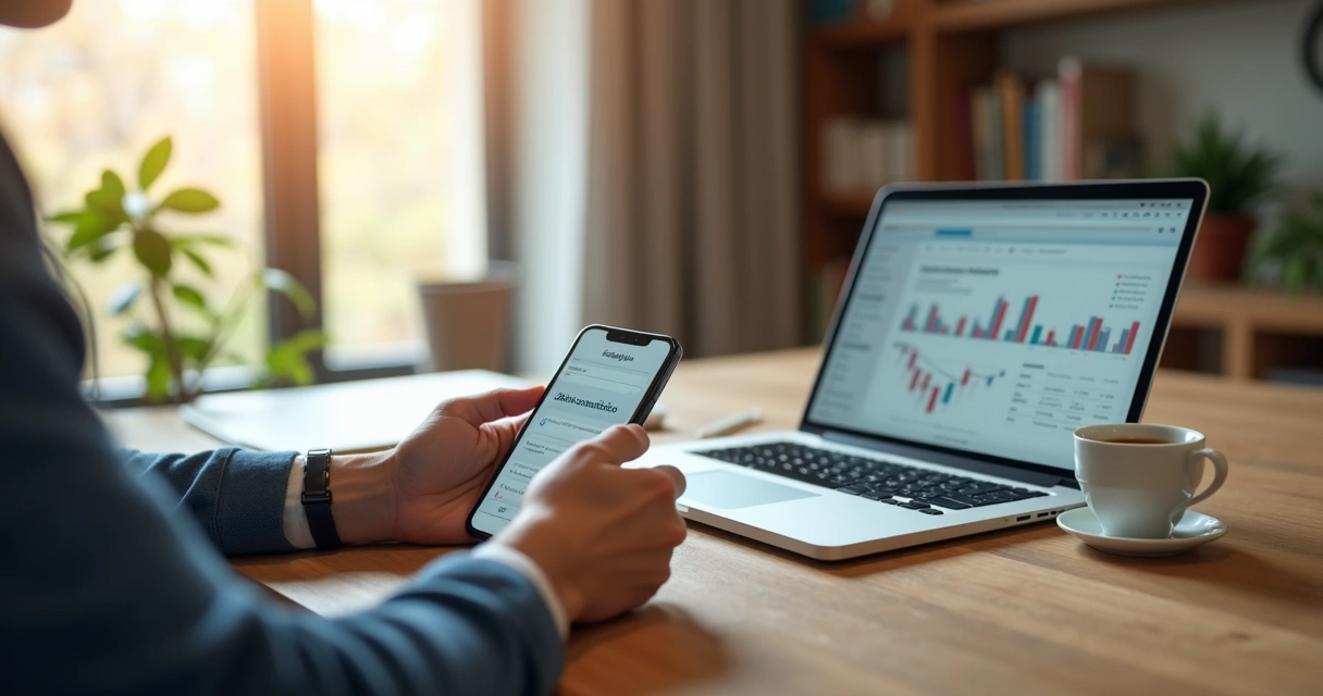 Pessoa utilizando celular para realizar pagamento via débito automático em ambiente doméstico organizado 