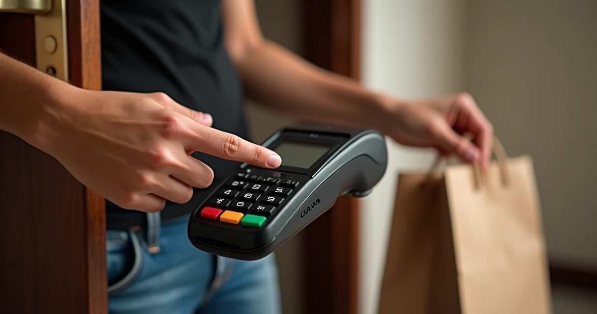 Pessoa confere valor na maquininha de cartão antes de pagar delivery