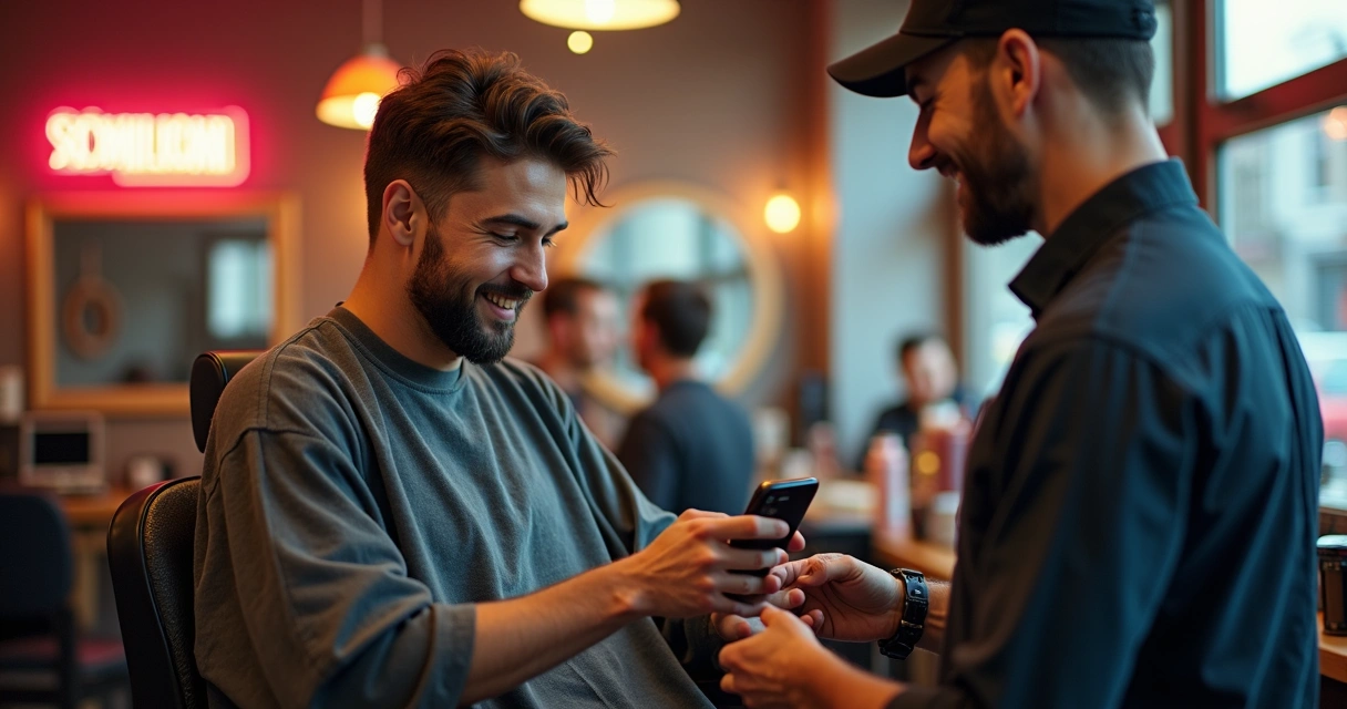 Cliente da barbearia usando Pix no celular para pagar o serviço 