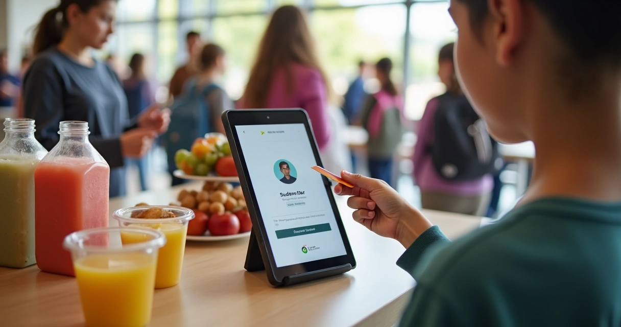 Aluno faz pagamento digital em cantina escolar com tablet na tela 
