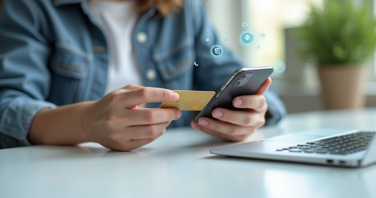 Pessoa usando celular para pagamento digital com cartão ao lado 