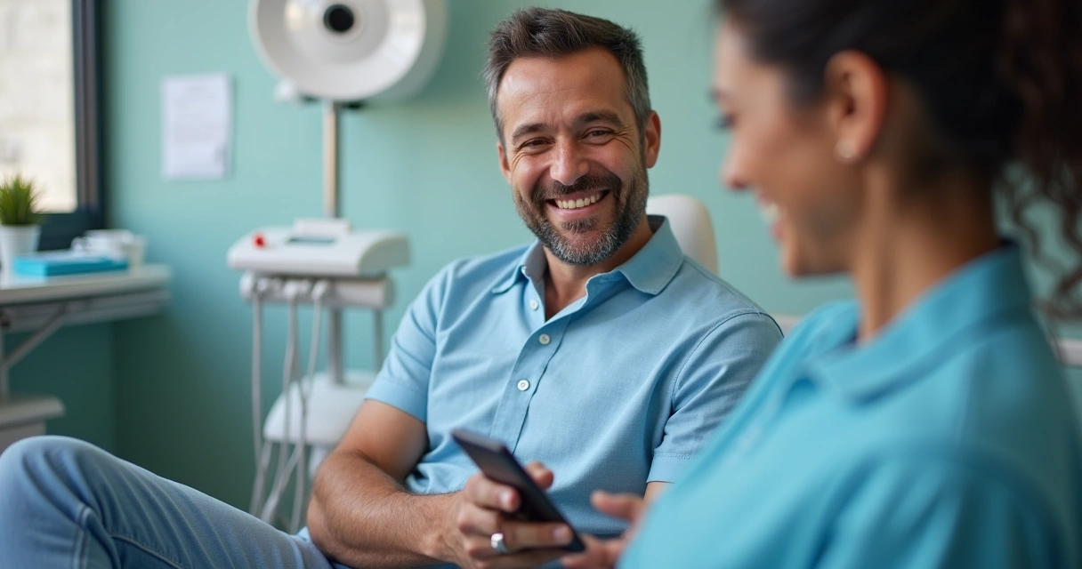 Paciente realizando pagamento online em clínica odontológica via smartphone 
