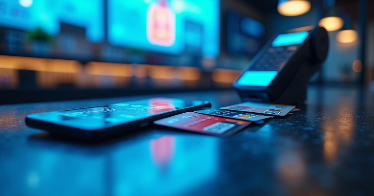 Diversos métodos de pagamento digitais como cartões, celular e Pix sobre mesa tecnológica