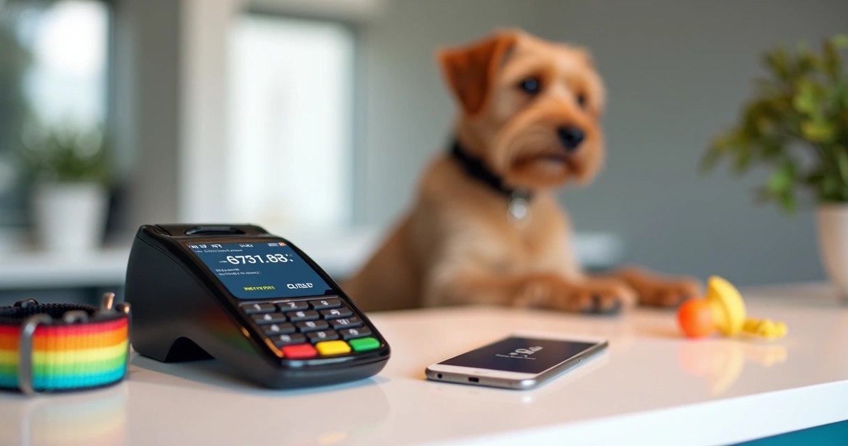 Terminal de pagamento digital ao lado de uma coleira e brinquedos de pet 