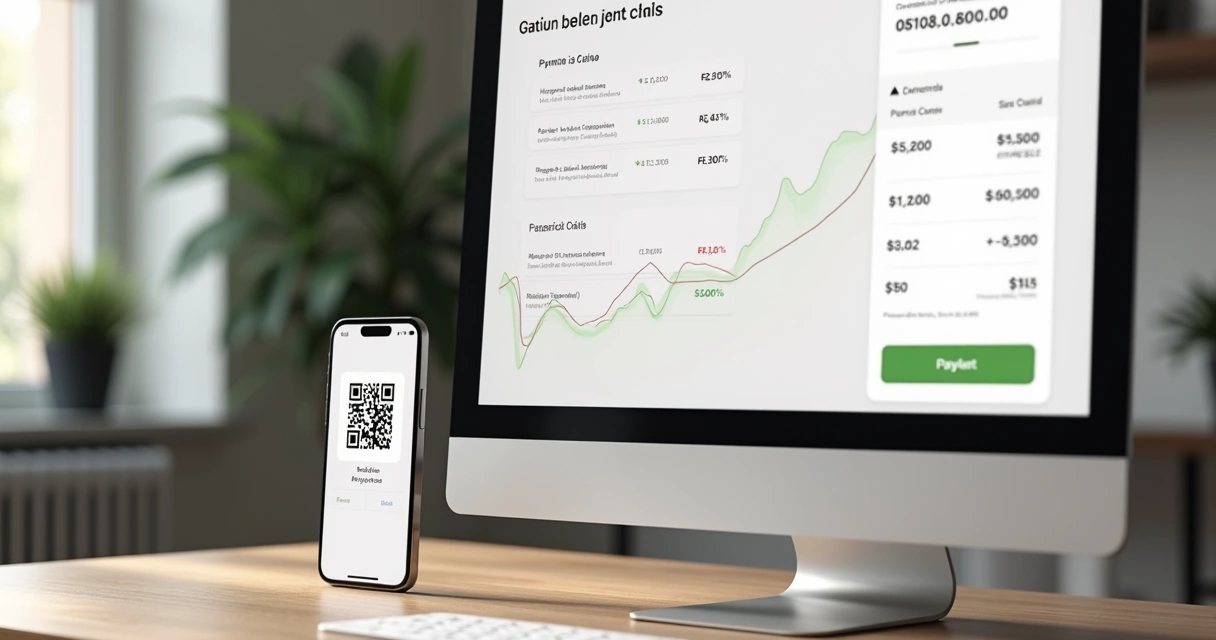 Dois dispositivos mostrando pagamentos, um com QR code do Pix e outro exibindo boleto bancário na tela 