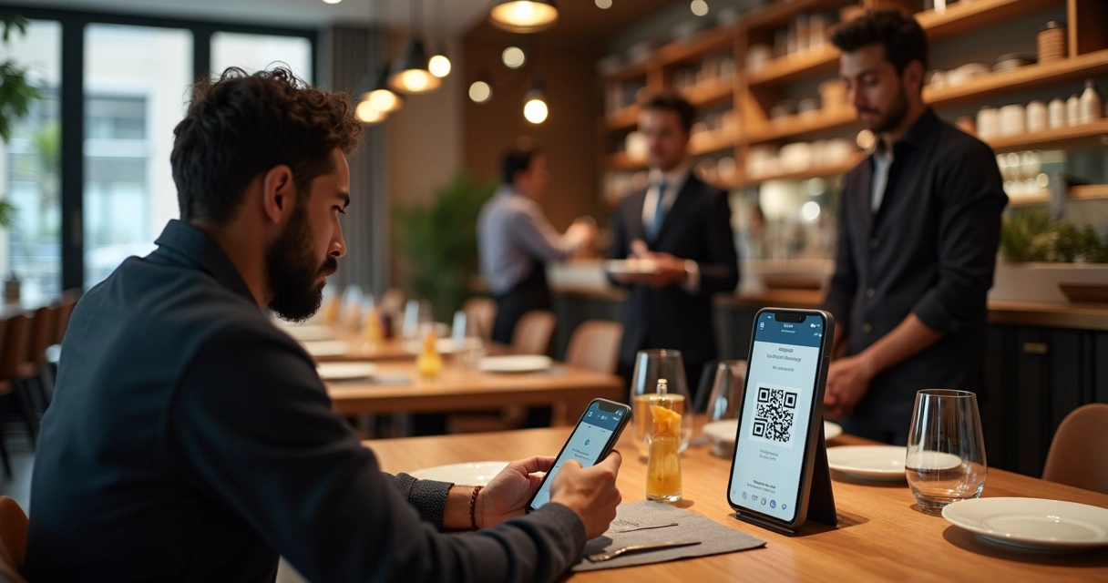 Cliente paga refeição com smartphone usando QR Code no restaurante 