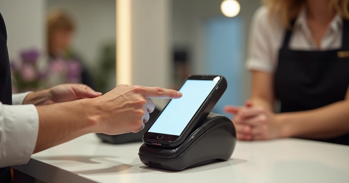 Pagamento digital em salão com celular e terminal