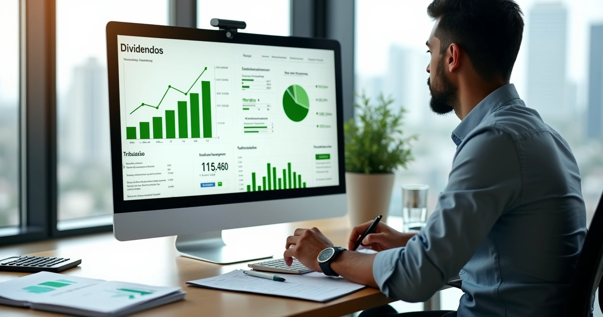 Empresário analisando gráficos de dividendos em tela de computador 