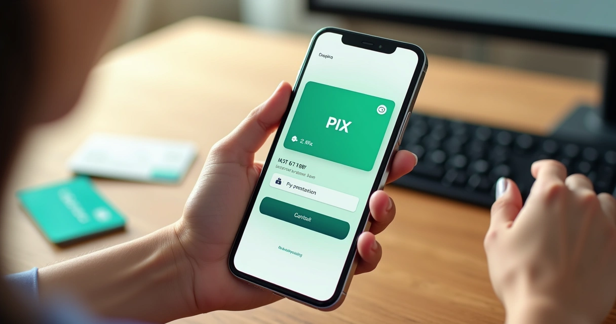 Mão segurando celular com pagamento via PIX e cartão de crédito sobre mesa de madeira 