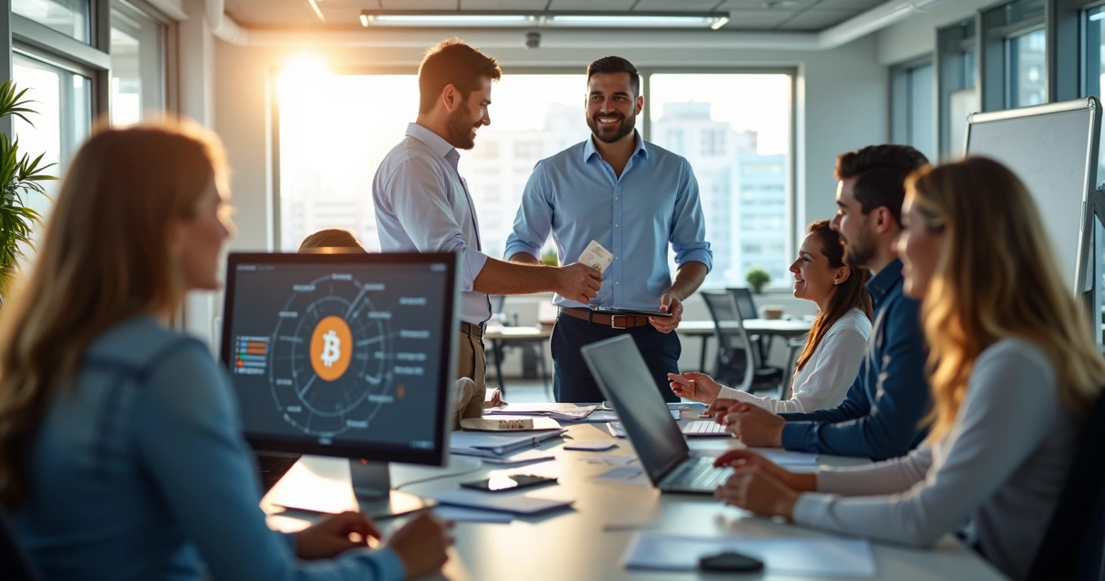 Equipe de escritório recebendo pagamento com criptomoedas em computadores modernos