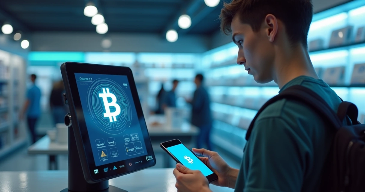 Pessoa pagando com reconhecimento facial e criptomoeda 