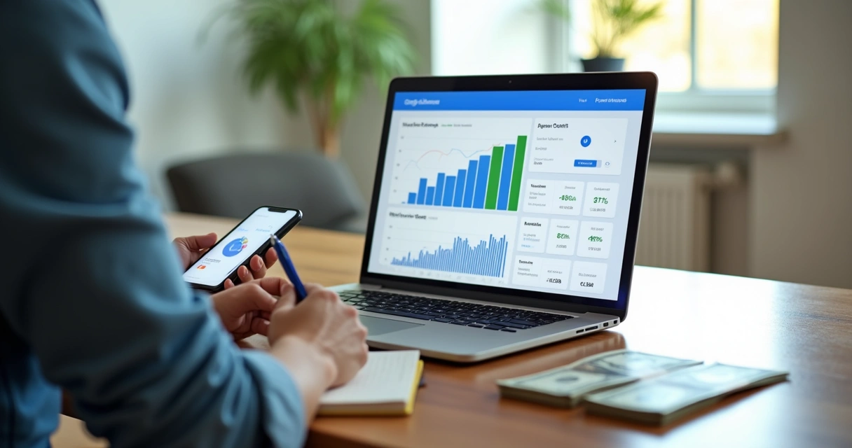 Pessoa analisando ganhos do Google AdSense no notebook com tela mostrando gráficos e dólar 