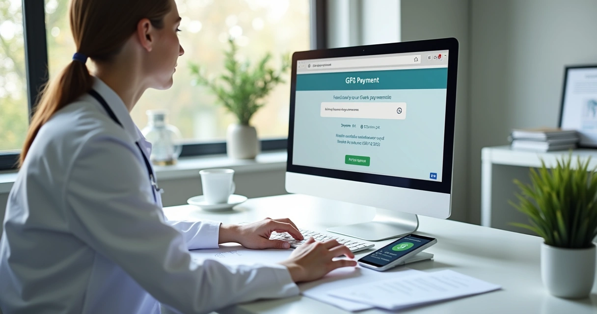 Profissional da saúde em consultório pagando GPS do INSS no computador 