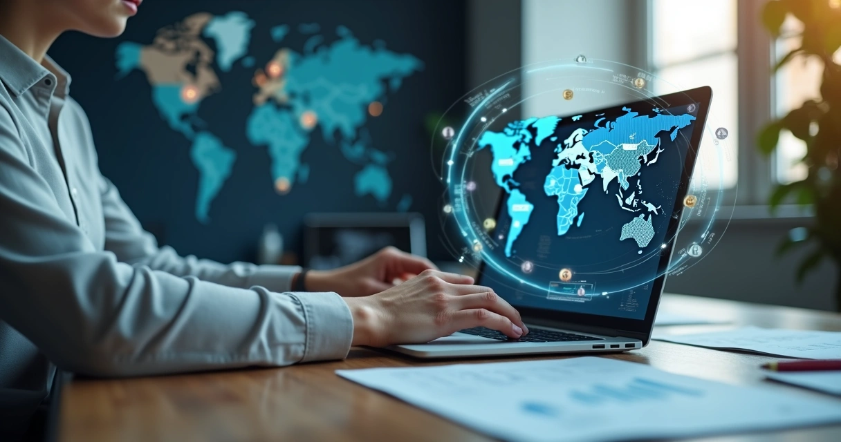 Pessoa usando laptop para pagar impostos internacionais, com gráficos financeiros e moedas ao redor