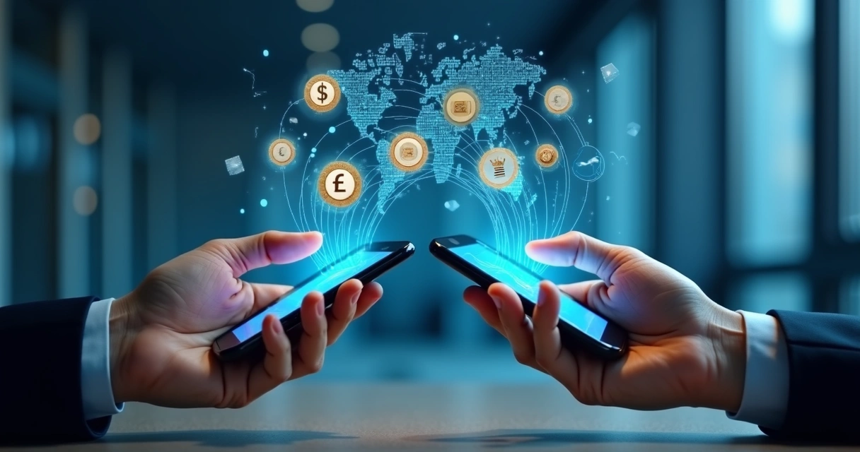 Várias moedas digitais e globais conectadas em um smartphone sobre uma mesa de escritório 