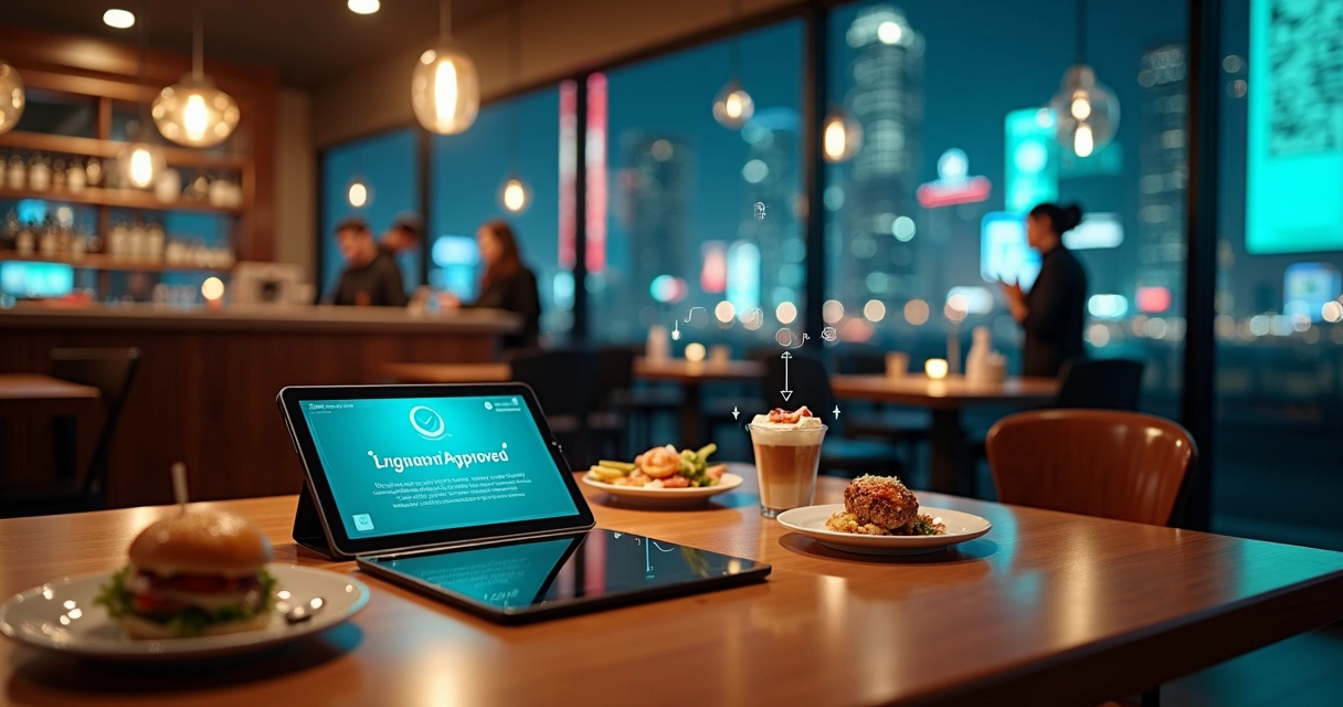 Ilustração de pagamento instantâneo em restaurante futurista com tablet e hologramas 