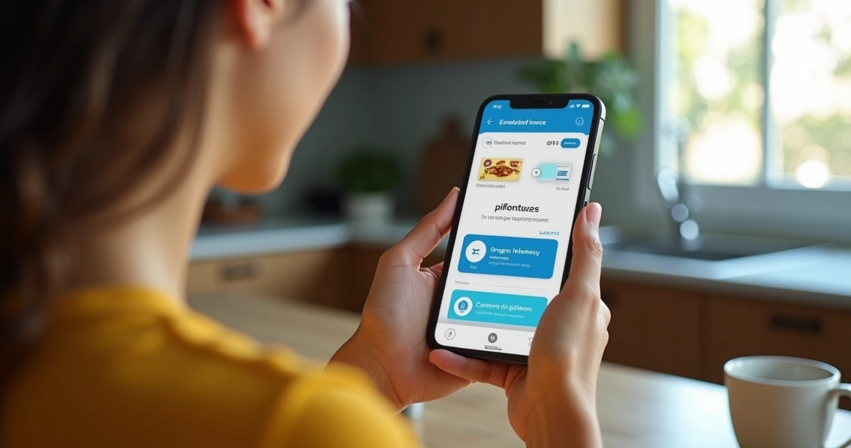 Pessoa usando aplicativo de delivery com opção de pagamento integrada, parcelamento e contratação de seguro 
