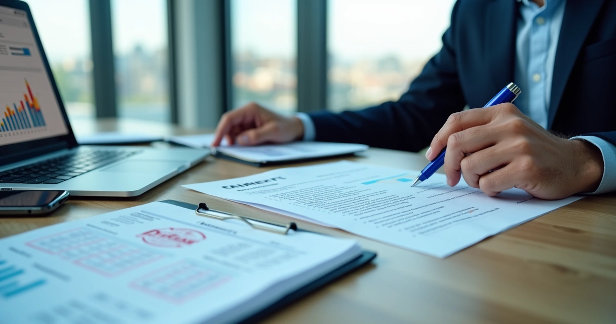 Empresário analisando contrato de pagamento integral com planilha financeira ao lado 